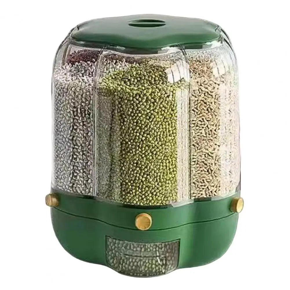 Rotating Grain Storage Bin Large Capacity 6 Grids Moisture-Proof Transparent Rice Distributor Beans Cereal Dispenser Bucket