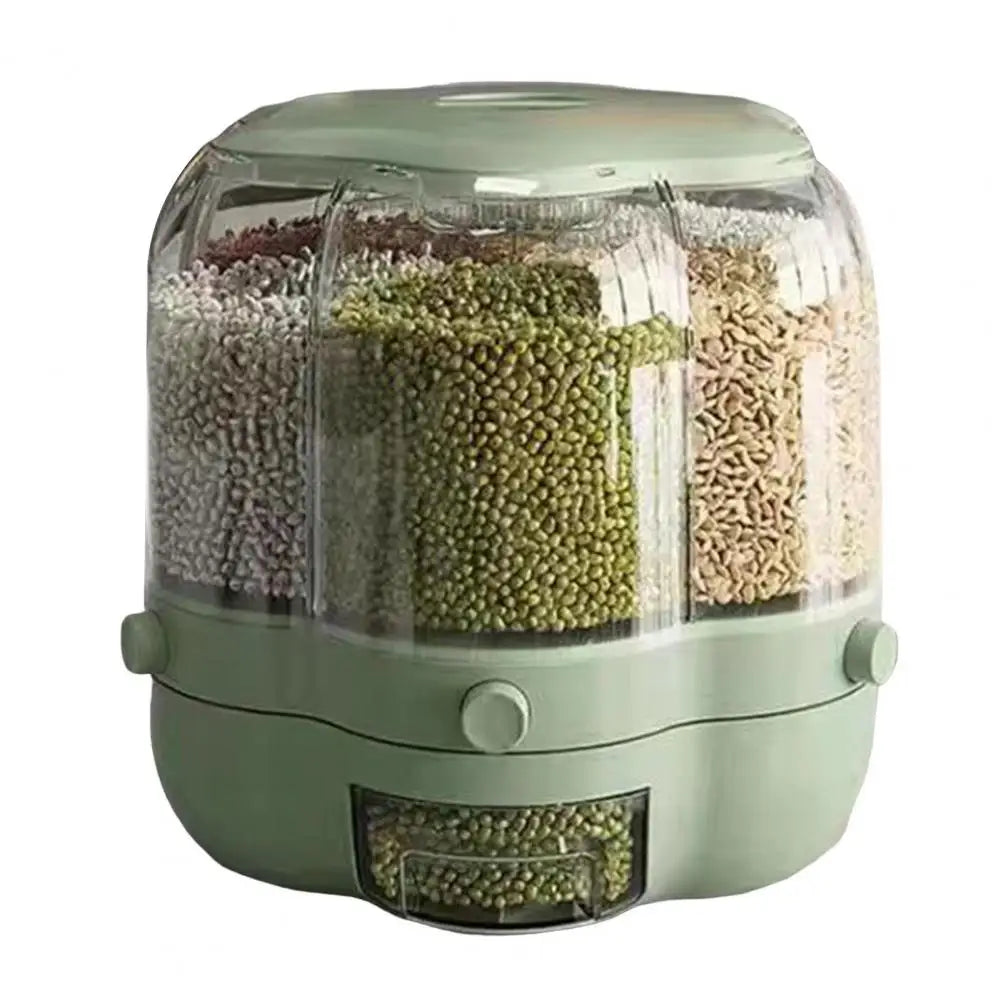 Rotating Grain Storage Bin Large Capacity 6 Grids Moisture-Proof Transparent Rice Distributor Beans Cereal Dispenser Bucket