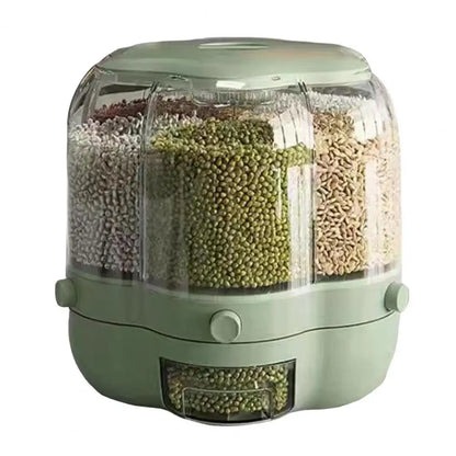 Rotating Grain Storage Bin Large Capacity 6 Grids Moisture-Proof Transparent Rice Distributor Beans Cereal Dispenser Bucket