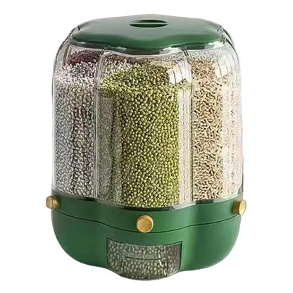 Rotating Grain Storage Bin Large Capacity 6 Grids Moisture-Proof Transparent Rice Distributor Beans Cereal Dispenser Bucket