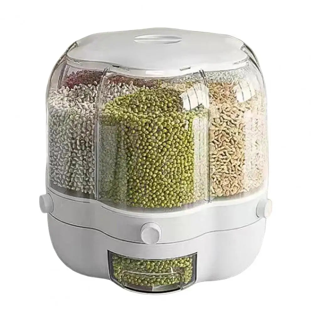 Rotating Grain Storage Bin Large Capacity 6 Grids Moisture-Proof Transparent Rice Distributor Beans Cereal Dispenser Bucket