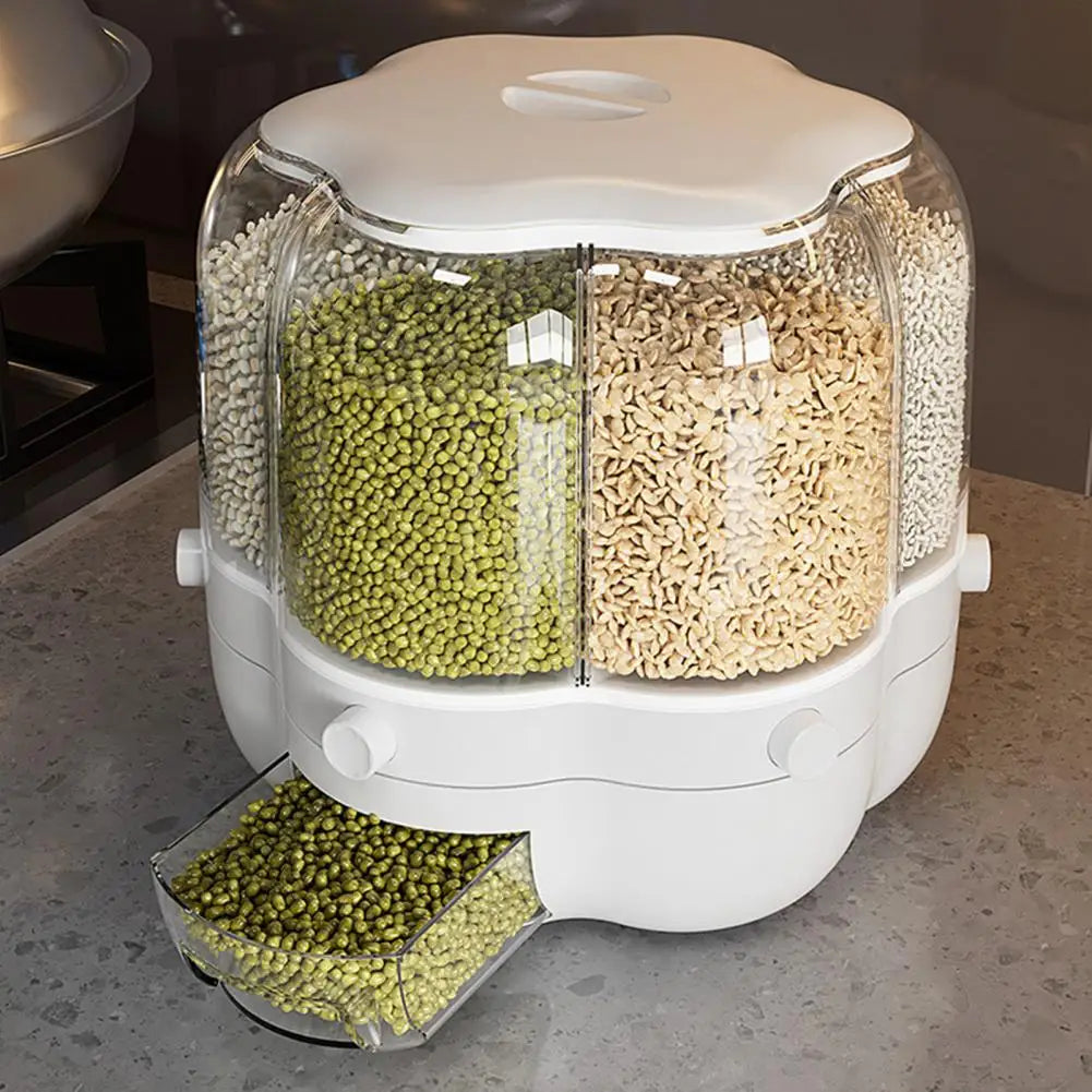 Rotating Grain Storage Bin Large Capacity 6 Grids Moisture-Proof Transparent Rice Distributor Beans Cereal Dispenser Bucket