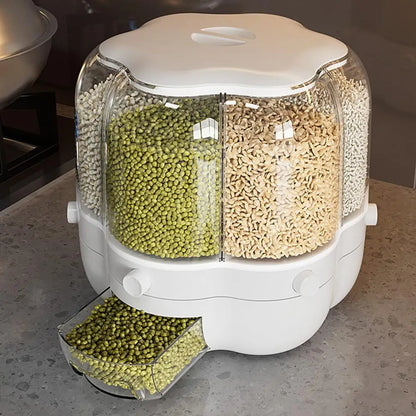 Rotating Grain Storage Bin Large Capacity 6 Grids Moisture-Proof Transparent Rice Distributor Beans Cereal Dispenser Bucket
