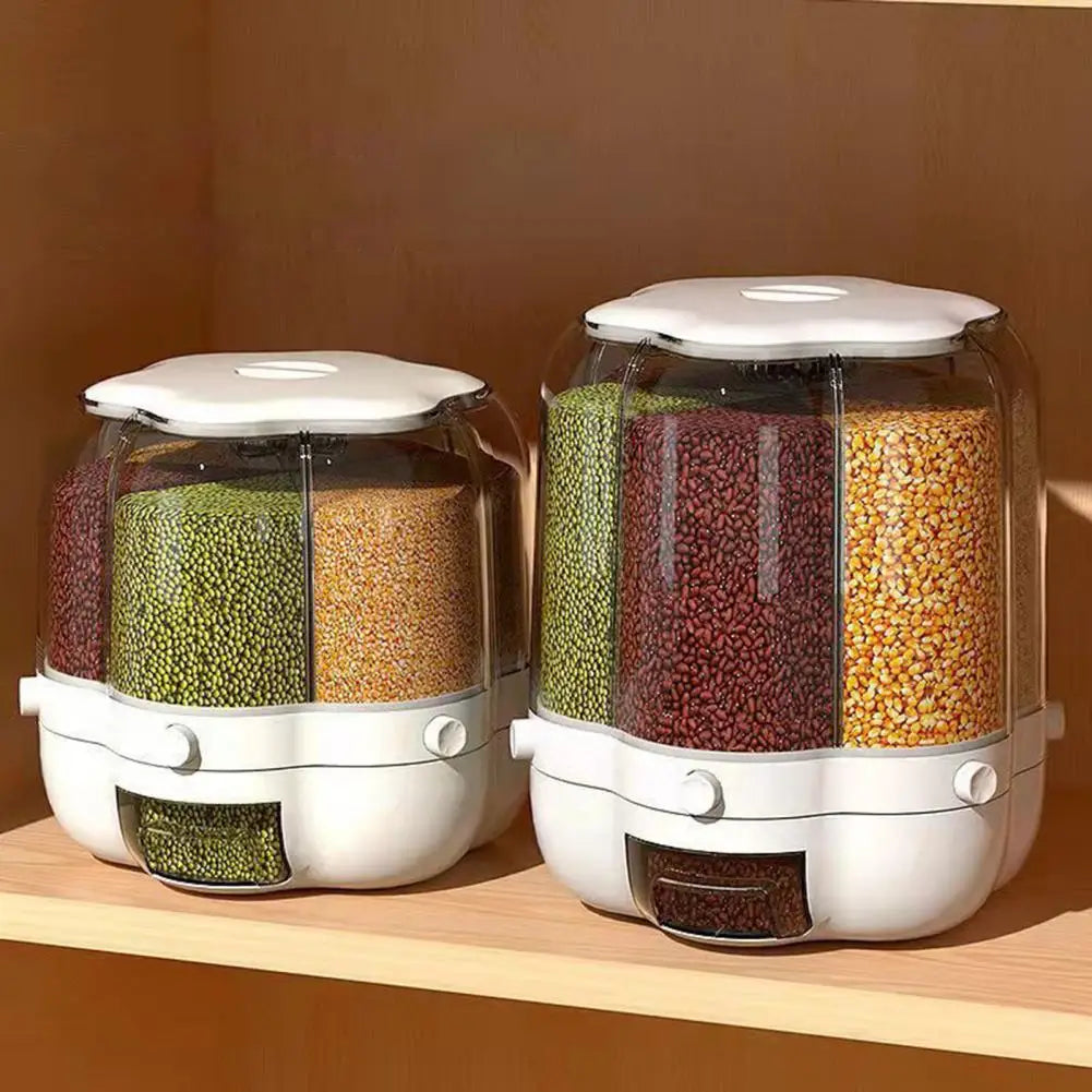 Rotating Grain Storage Bin Large Capacity 6 Grids Moisture-Proof Transparent Rice Distributor Beans Cereal Dispenser Bucket