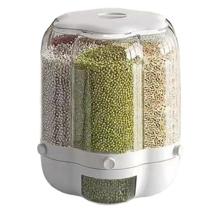 Rotating Grain Storage Bin Large Capacity 6 Grids Moisture-Proof Transparent Rice Distributor Beans Cereal Dispenser Bucket